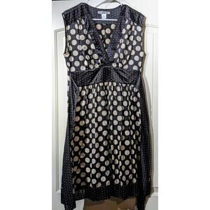 WD NY Black Cream Polka Dot V-Neck Tie Back Polyester Silk-Lined Dress Sz 2